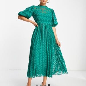 ASOS Design High Neck Pleated Chevron Dobby Midi Dress